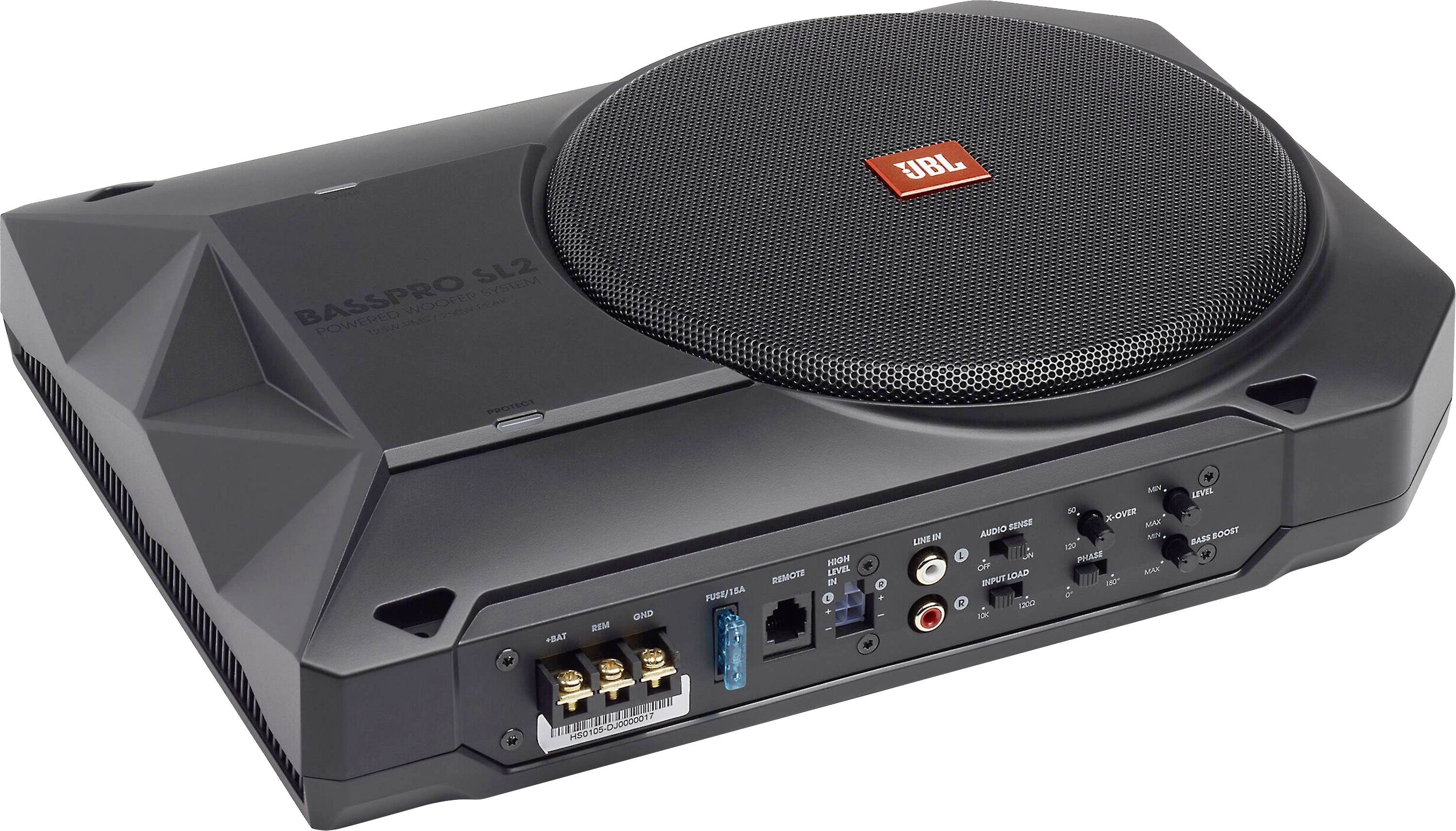 'Subwoofer nero JBL con connessioni e comandi sul lato. Modello: BassPro SL2.'