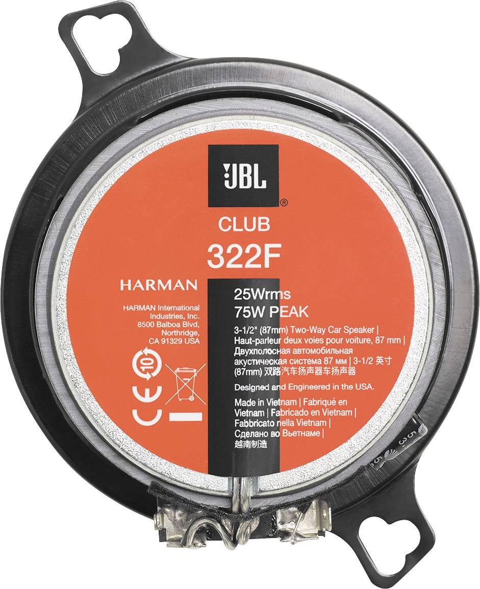 'JBL CLUB 322F, altoparlanti per auto a due vie da 3-1/2" (87mm), 25W RMS, picco 75W, sviluppati negli Stati Uniti, prodotti in Vietnam.'
