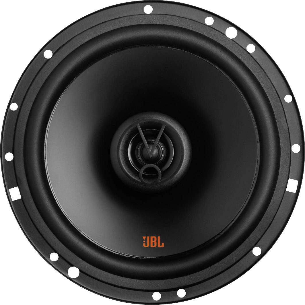 Altoparlante nero dalla forma rotonda con diversi fori di fissaggio sul bordo. Logo JBL centrale ben visibile.