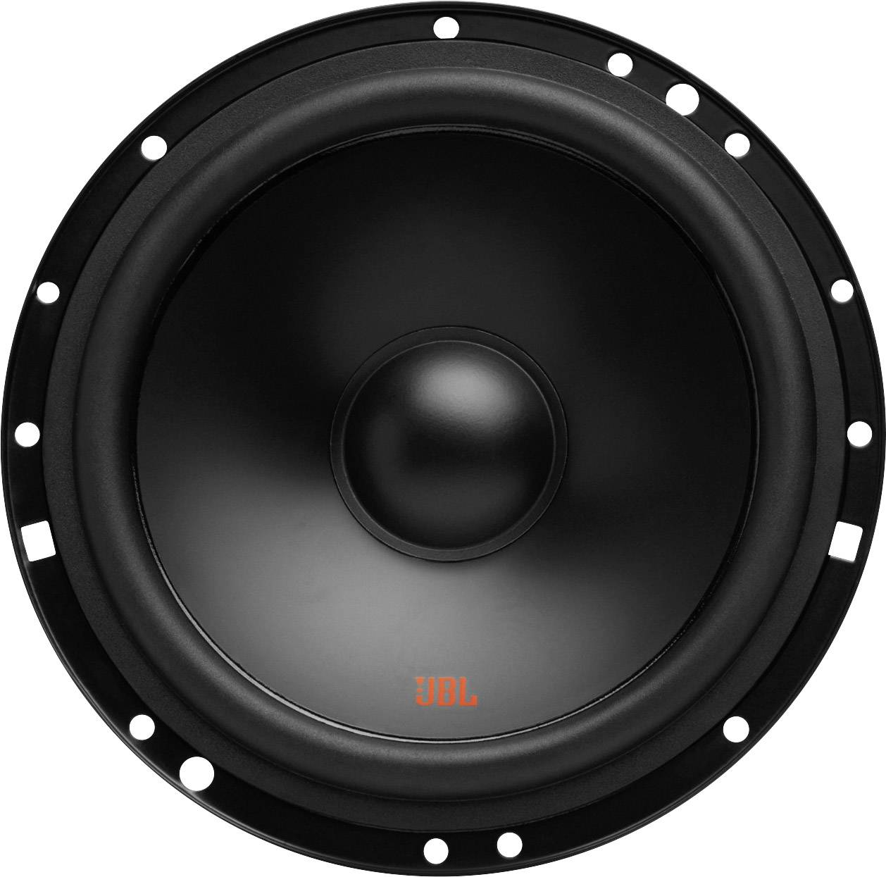 Altoparlante woofer con membrana nera e logo JBL arancione al centro, circondato da una cornice nera.