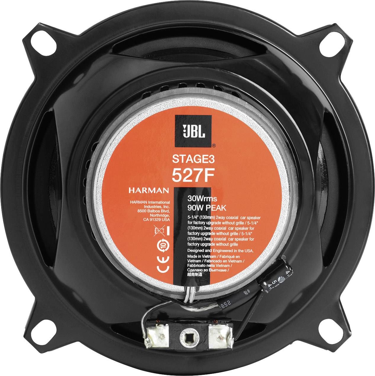 Altoparlanti 'JBL Stage3 527F', 30W RMS, 90W potenza di picco, etichetta del prodotto con dettagli tecnici e loghi.