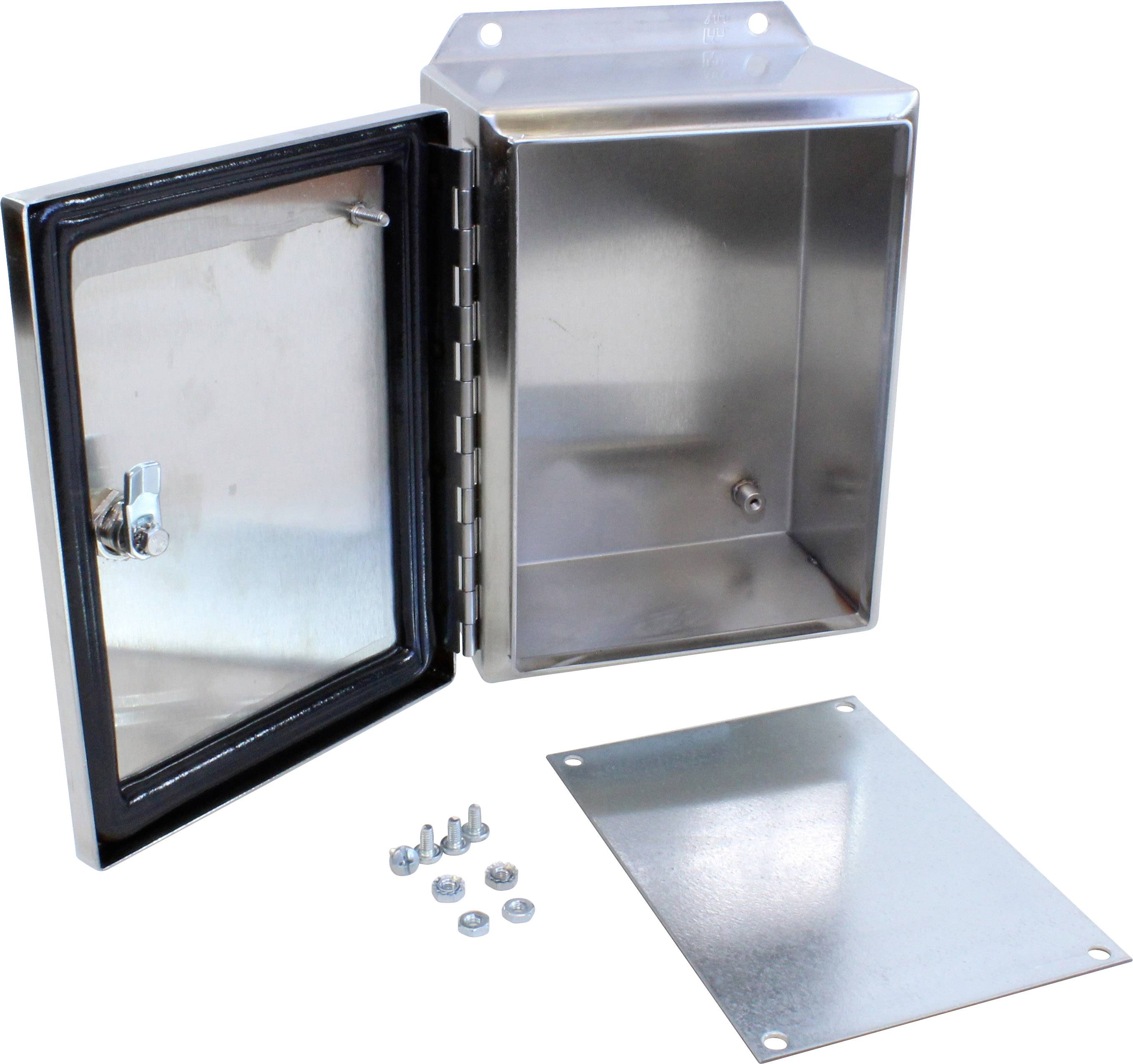 Involucro metallico con porta apribile, viti e coperchio rimovibile. Adatto per lo stoccaggio o la protezione di piccoli componenti.