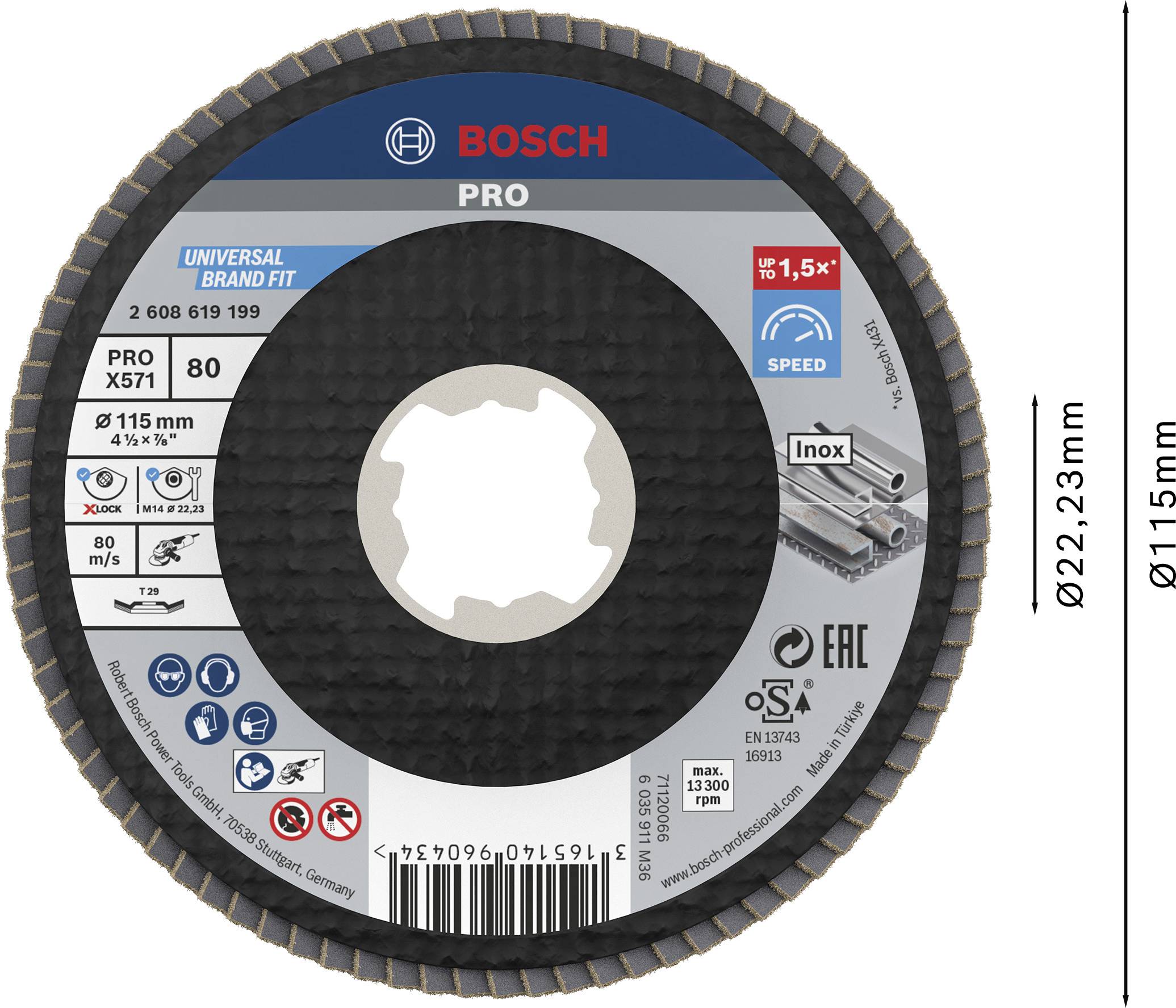 Disco abrasivo Bosch con diametro di 115 mm, adatto per metallo. Serie Pro, max. 80 m/s, 13.300 giri/min, certificato ISO.