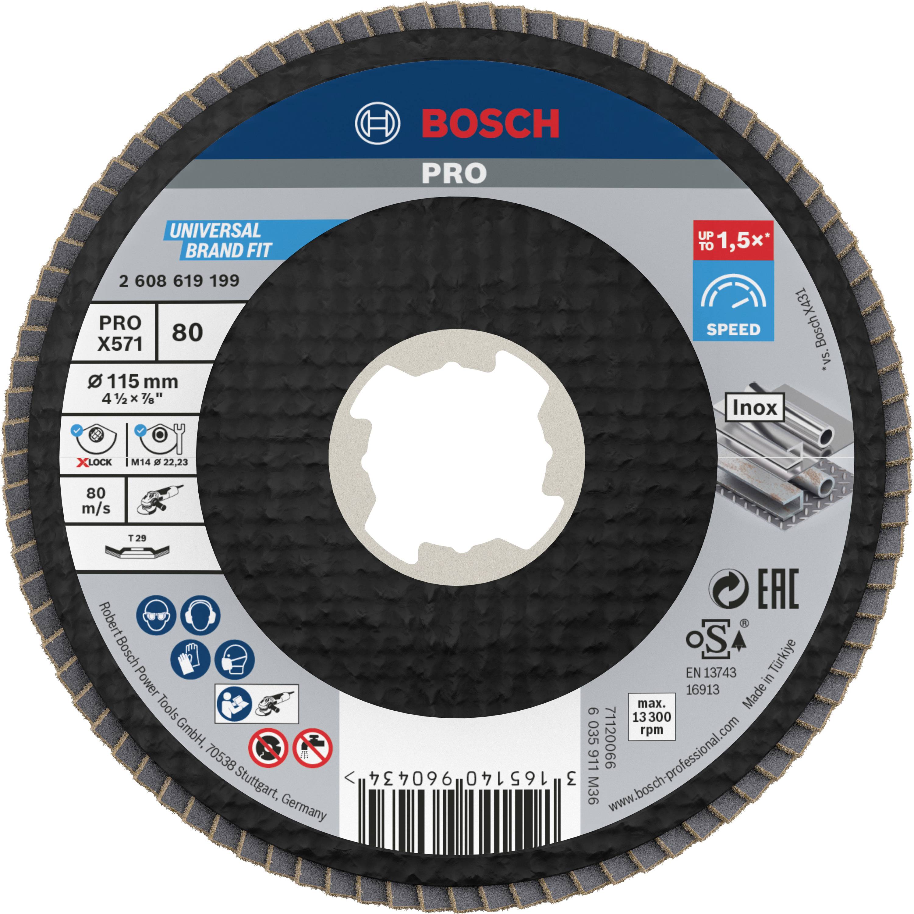 'Disco da taglio Bosch Pro, Ø115 mm, granulometria 80. Adatto per Inox. Velocità fino a 13.300 giri/min. Conforme a EN 13743.'