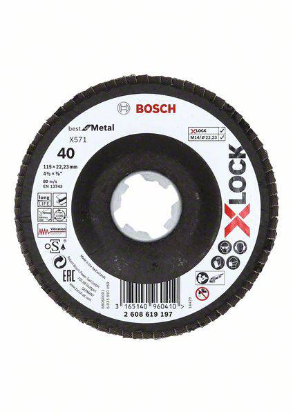 Disco abrasivo Bosch per metallo, X-LOCK, K40, diametro 115 mm, con simboli di sicurezza e istruzioni per l'uso.