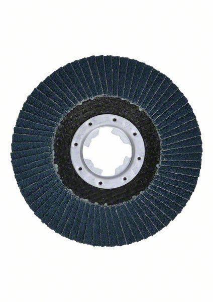 Un disco abrasivo con diverse lamelle ruvide e un centro metallico, utilizzato per levigare o lucidare materiali.