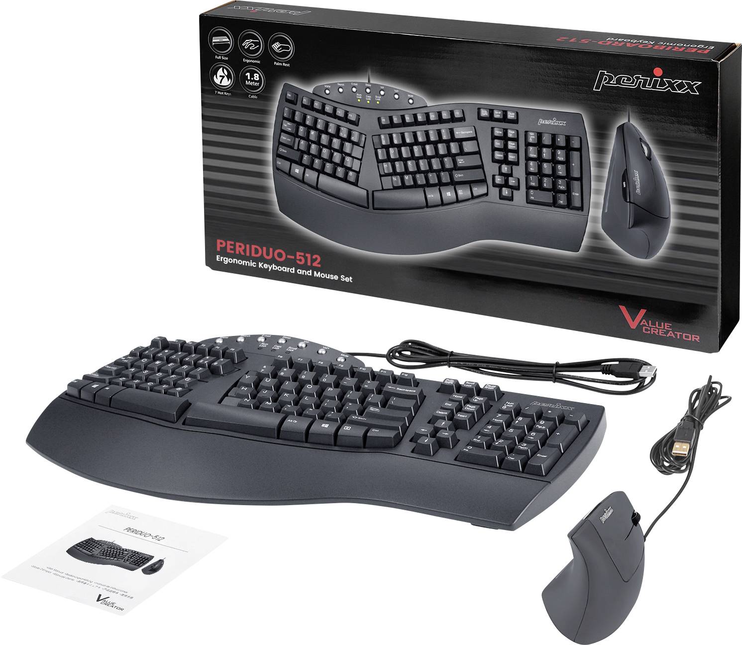 Set tastiera e mouse ergonomico in nero. Confezione che mostra il marchio 'perixx'. Include tastiera, mouse, cavo USB, istruzioni.