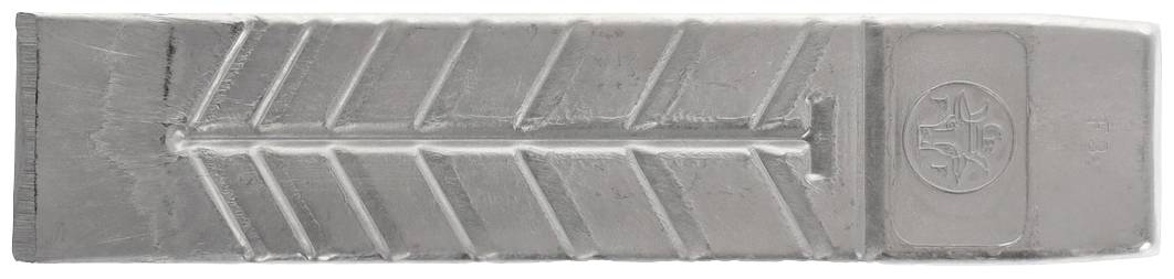 Un blocco metallico a cuneo con un motivo a freccia, utilizzato per scopi industriali. Sul lato destro è visibile un logo.