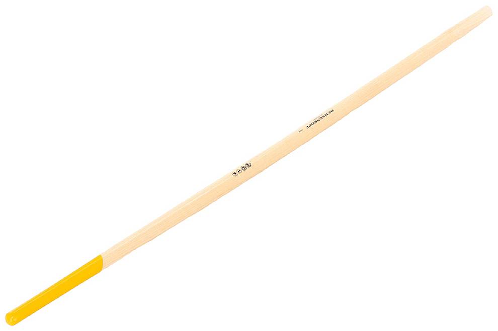 Un pennello con impugnatura in legno verniciato di giallo, leggermente inclinato di lato. Ideale per pitture delicate e lavori di dettaglio precisi.