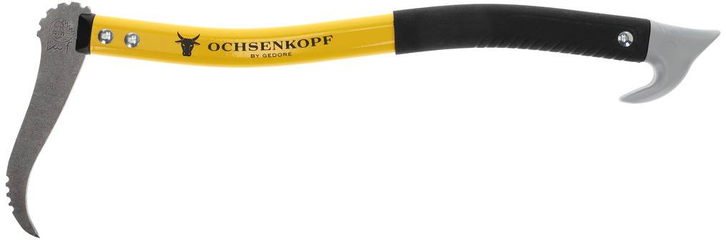 Estrattore di legno giallo e nero con lama dentellata e impugnatura ergonomica, utilizzato per sollevare e spostare tronchi di legno.