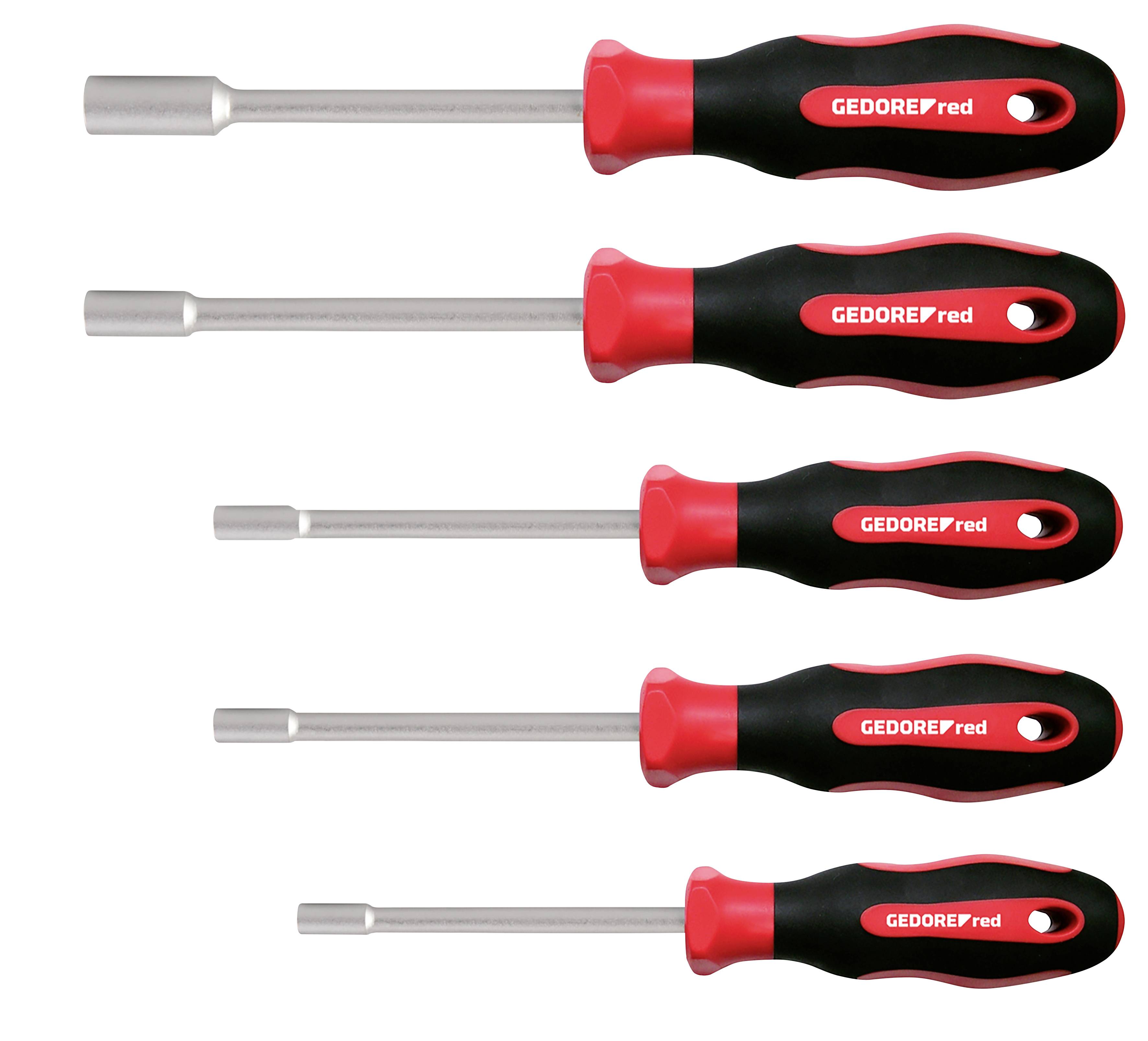 Cinque cacciaviti con impugnature rosse e nere, teste di dimensioni diverse, disposti dal più grande al più piccolo. Marchio 'GEDORE red' stampato.