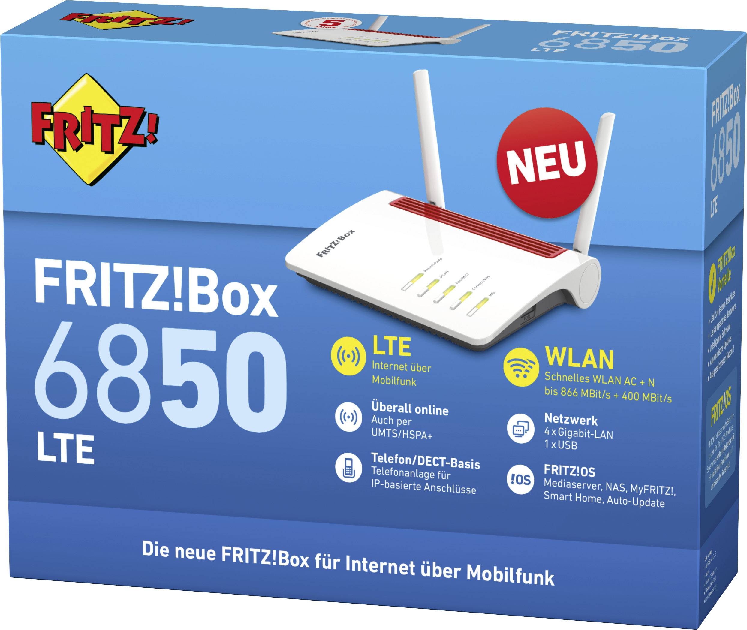 Confezione del 'FRITZ!Box 6850 LTE' mostra un router con due antenne. Il testo enfatizza le funzionalità LTE e WLAN, nonché le interfacce di rete.