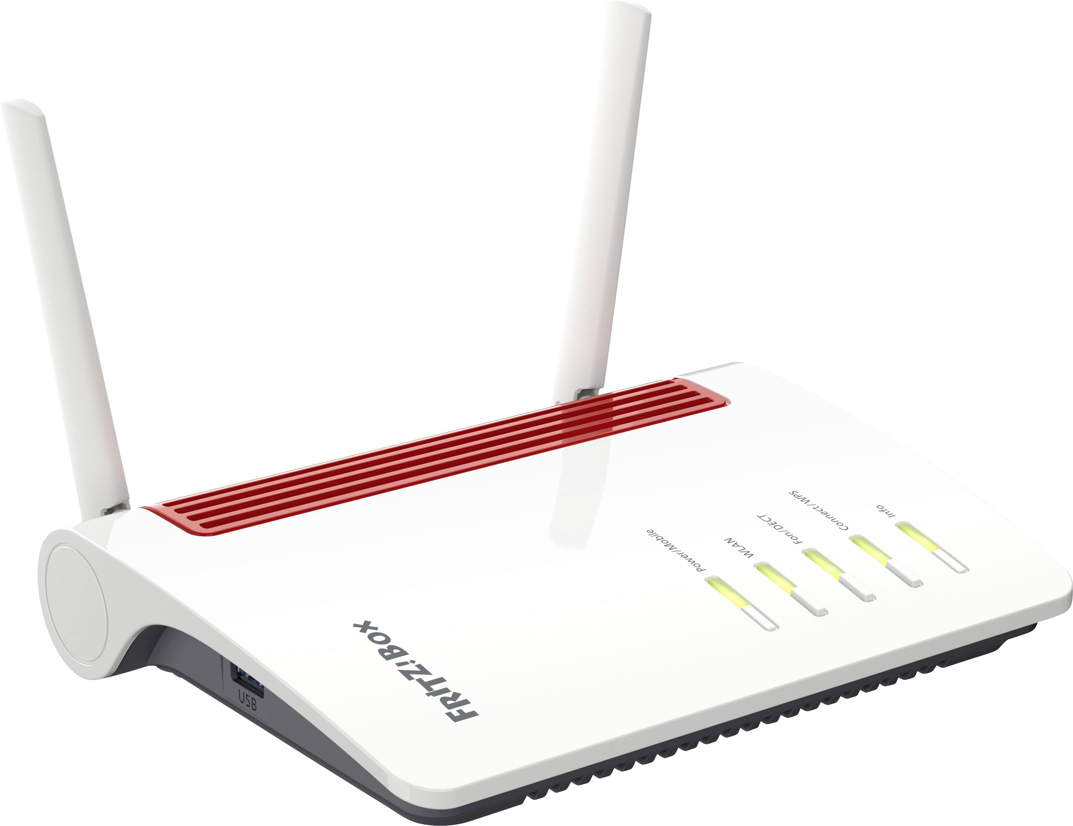 Un router bianco con due antenne, contrassegnato con 'FRITZ!Box'. Quattro indicatori luminosi per Wi-Fi, telefonia, internet e alimentazione.