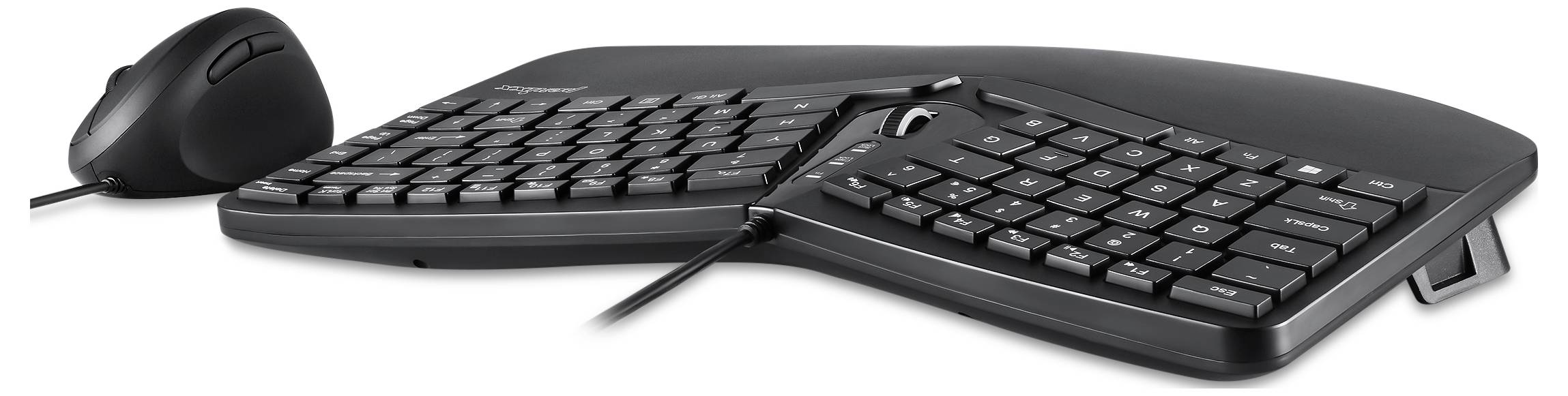 Tastiera ergonomica e mouse verticale in nero. La tastiera è divisa e sagomata ad onda, mentre il mouse ha una forma verticale per alleviare lo stress sul polso.