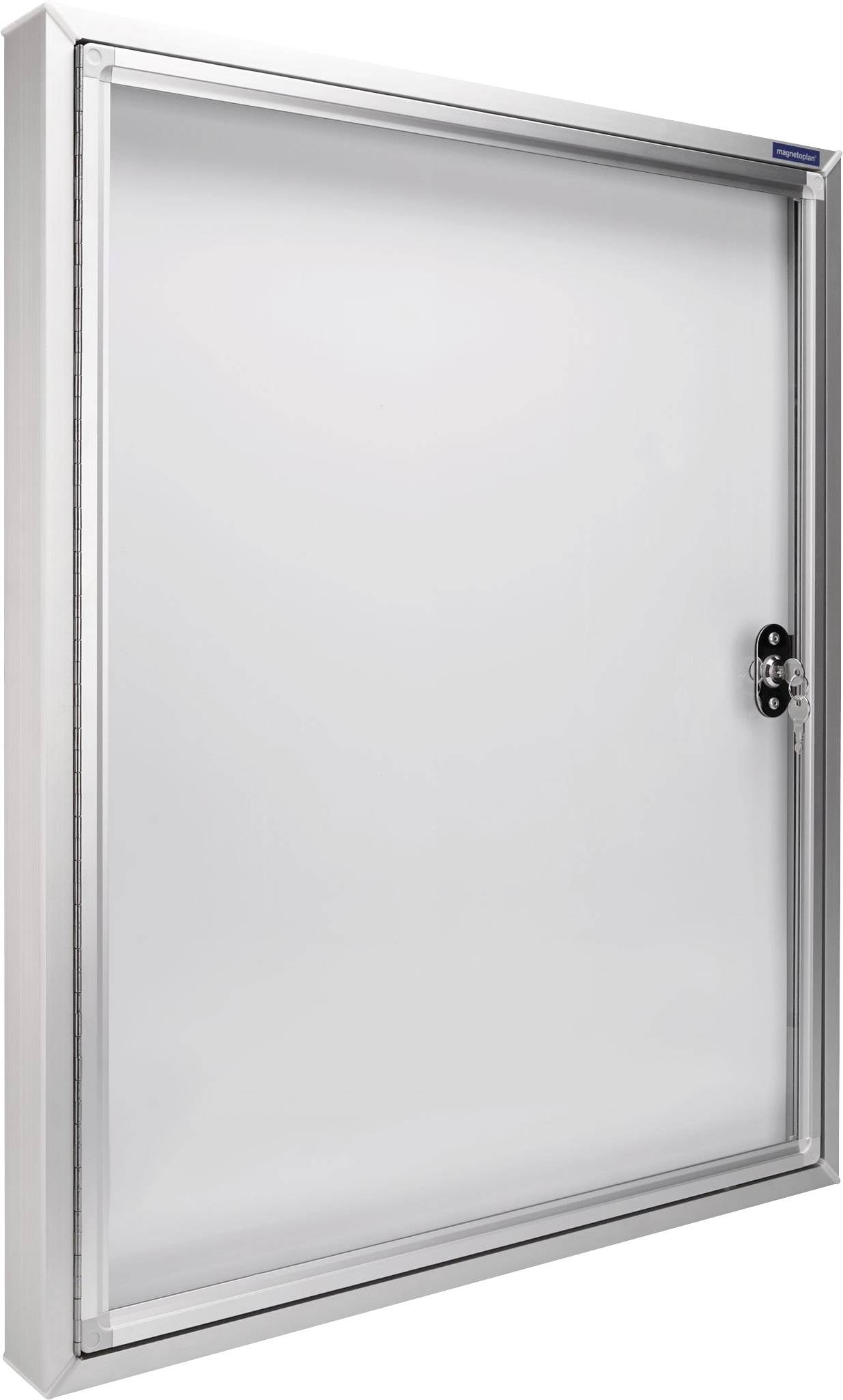 Contenitore metallico con coperchio frontale trasparente e chiusura a destra.