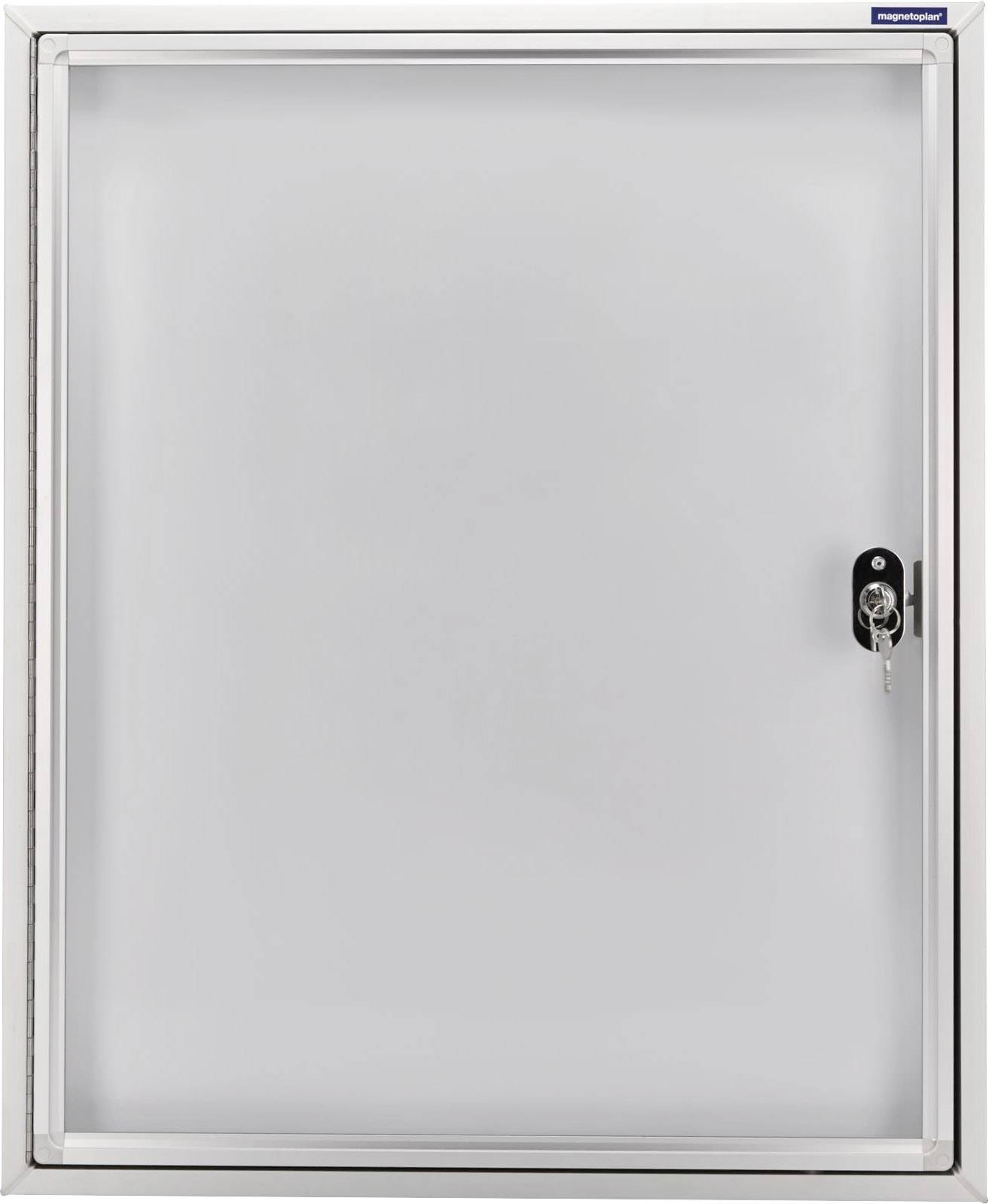 Porta metallica bianca con inserto in vetro e serratura, su sfondo grigio.