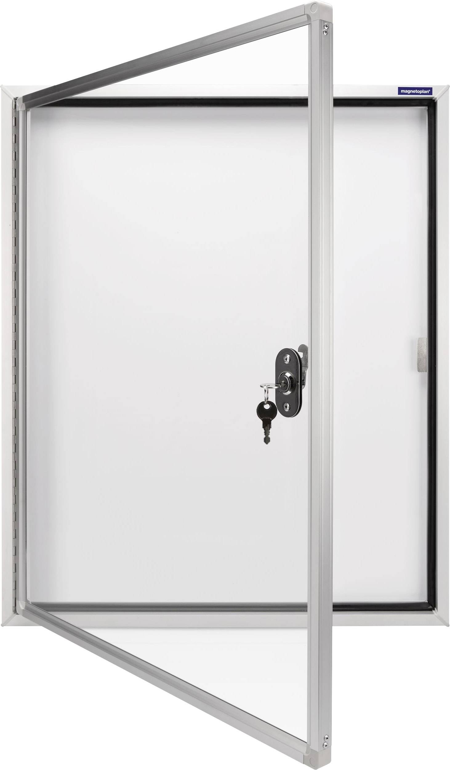 Porta di vetro aperta con telaio in metallo, dotata di serratura e chiave inserita nel cilindro, che mostra una leggera trasparenza.