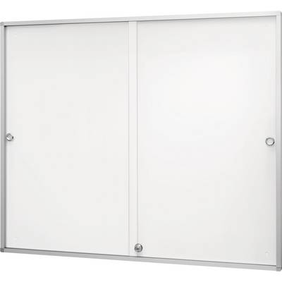 Una lavagna bianca grande e vuota con due porte scorrevoli in vetro e una cornice color argento. Ideale per presentazioni o appunti.