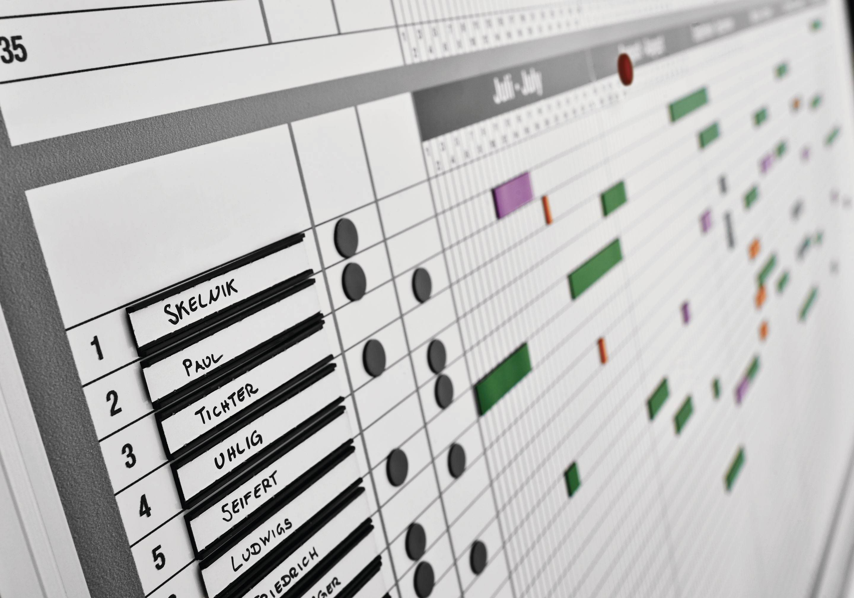 Piano di progetto con timeline da luglio a settembre, che mostra varie attività e progressi. Nomi e compiti sono contrassegnati con barre colorate.