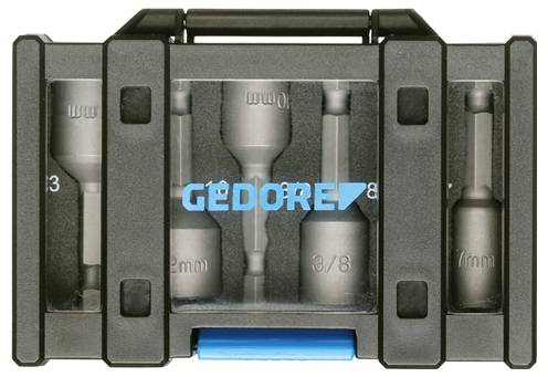 Un set di cinque chiavi a bussola in metallo organizzate verticalmente in un contenitore nero di plastica. Logo 'GEDORE' visibile in blu sul coperchio trasparente.