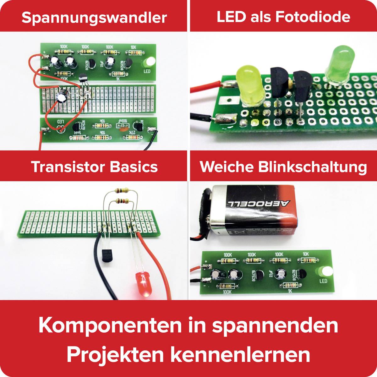 'Convertitore di tensione', 'LED come fotodiodo', 'Nozioni di base sui transistor', 'Circuito di lampeggiamento morbido'. Componenti ed esempi per progetti elettronici.