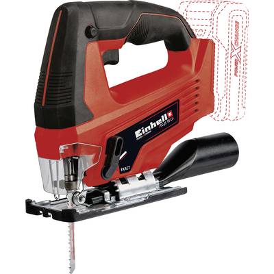 Seghetto alternativo elettrico, colore rosso e nero con logo Einhell, senza batteria inserita, con vista sulla guida delle lame e impugnatura ergonomica.
