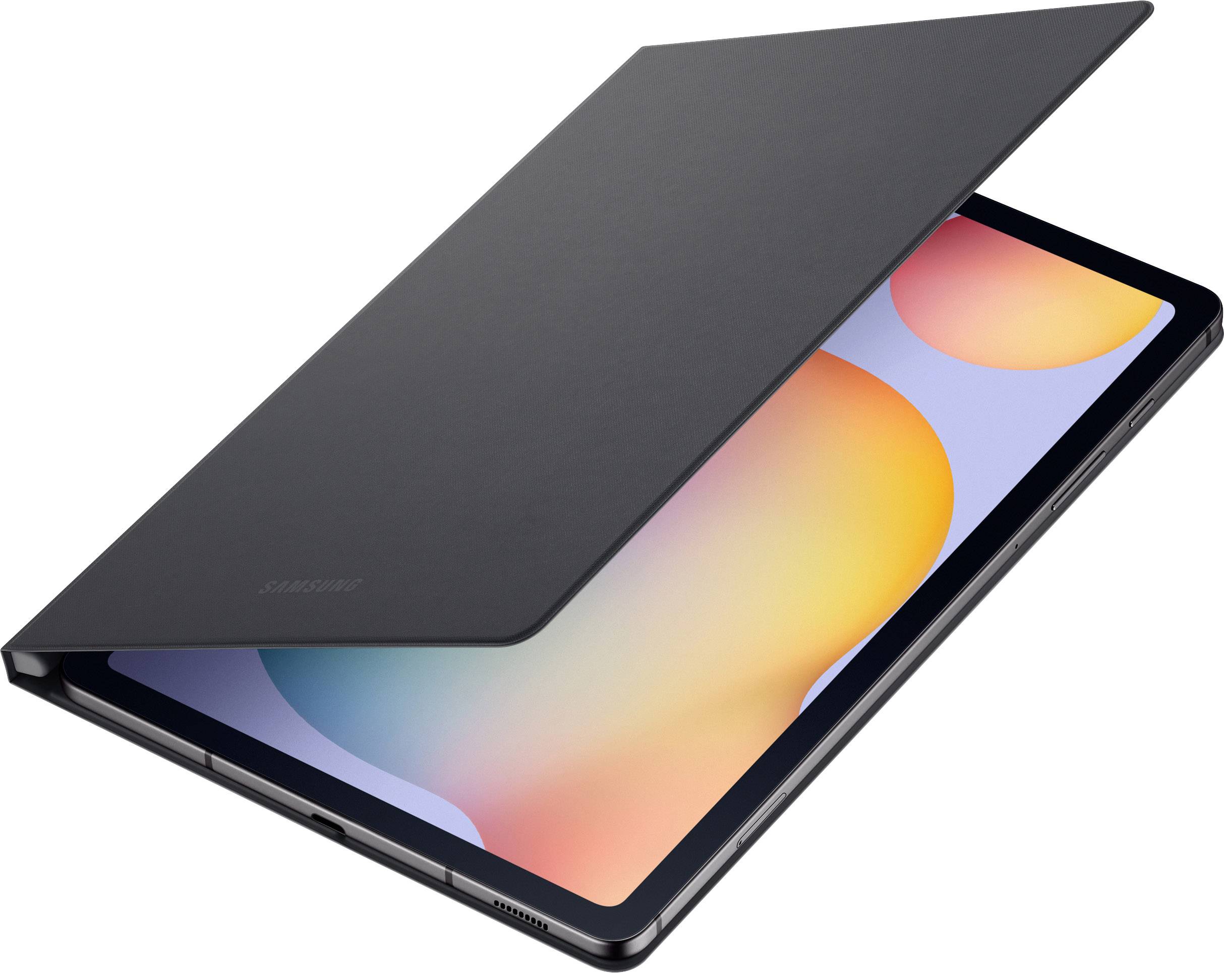 Un tablet nero con una custodia parzialmente aperta mostra uno schermo colorato.