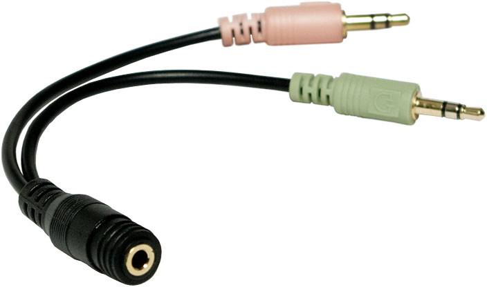 Un adattatore audio con due spine da 3,5 mm, rosa e verde, collega due dispositivi con un ingresso da 3,5 mm.