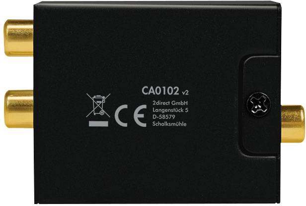 Dispositivo elettronico nero con due connettori dorati. Stampigliatura 'CA0102 v2' e marchio CE visibili.