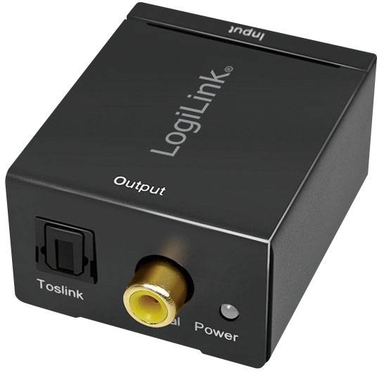 Un convertitore audio digitale nero LogiLink con un ingresso Toslink e un ingresso coassiale per la conversione di segnali audio.