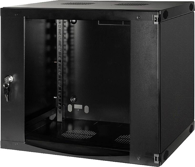 Armadio rack server da parete nero con porta in vetro, aperture di ventilazione superiori e serratura bloccabile sul lato sinistro.