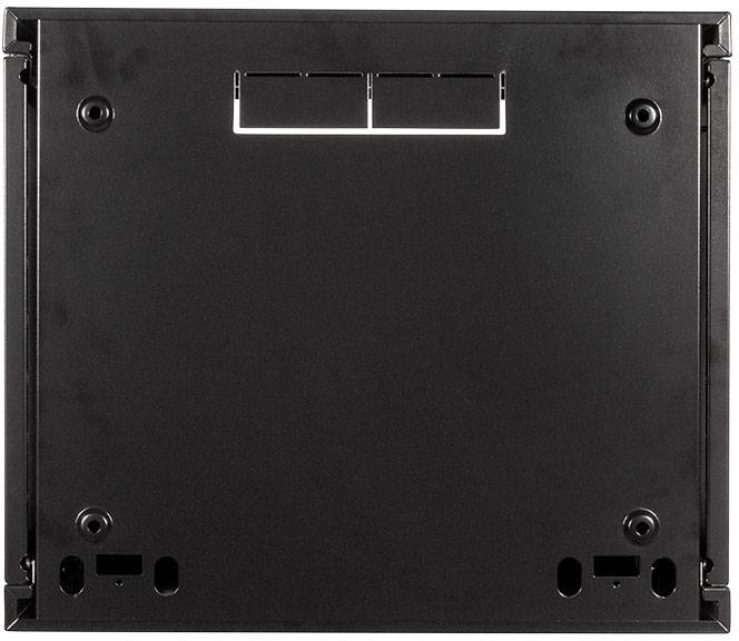 Un involucro nero rettangolare per dispositivi con diversi fori di fissaggio e un'apertura rettangolare centrale nella parte superiore.