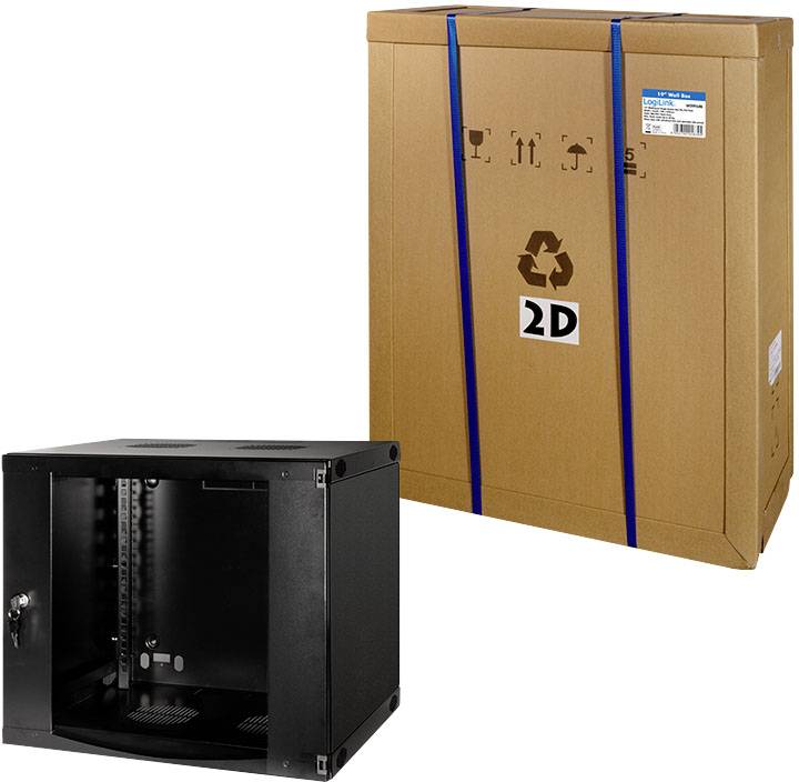 Custodia a parete nera con porta in vetro accanto a un grande cartone marrone. Progetto per lo stoccaggio e l'imballaggio di hardware di rete.