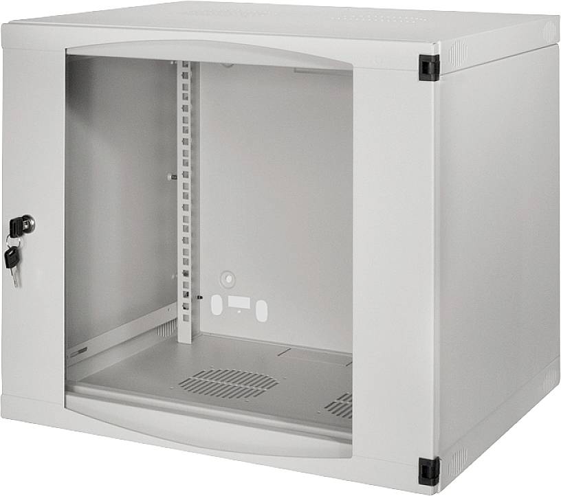 Un armadio server a parete vuoto, bianco, con serratura, aperto, mostra l'interno predisposto per la conservazione sicura di dispositivi di rete.