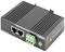 Un iniettore PoE nero con due porte Ethernet, un connettore verde e avvertenze sul lato.