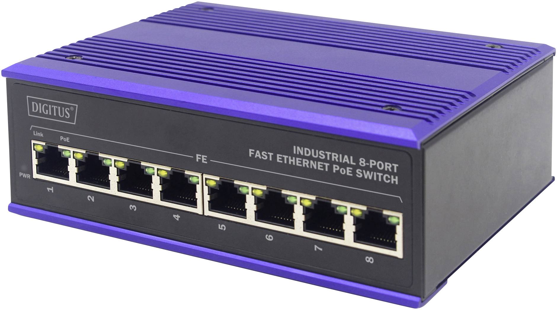 Un switch industriale Fast Ethernet PoE a 8 porte con superficie blu e connettori neri per connessioni di rete.