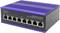Un switch industriale Fast Ethernet PoE a 8 porte con superficie blu e connettori neri per connessioni di rete.