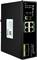 Switch industriale PoE con quattro porte Ethernet e due slot in fibra ottica. I LED indicano lo stato della rete e l'alimentazione.
