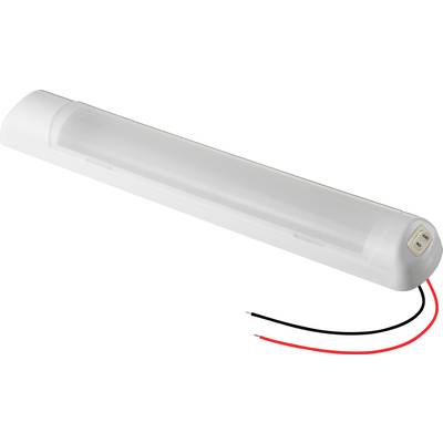 Una lampada a LED bianca con schermo trasparente e due cavi sporgenti, uno rosso e uno nero.