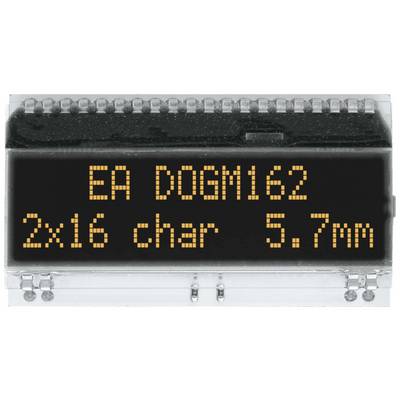 Display LCD con testo arancione: 'EA DOGM162 2x16 char 5.7mm'. Mostra le specifiche tecniche del display.