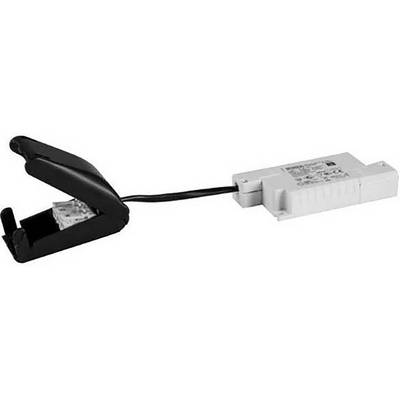 Un tester per cavi di rete nero mostra un involucro aperto con un connettore RJ45 inserito e un'unità di alimentazione bianca collegata.
