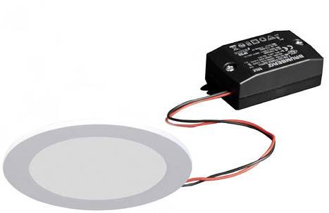 Pannello LED rotondo con trasformatore rettangolare nero, collegato tramite due cavi rossi e neri.