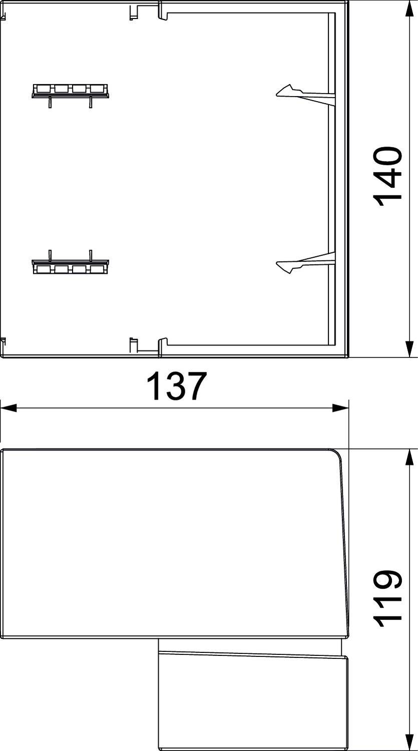 Disegno tecnico di un componente rettangolare con dimensioni 140 x 137 mm. La vista laterale mostra un'altezza di 119 mm.