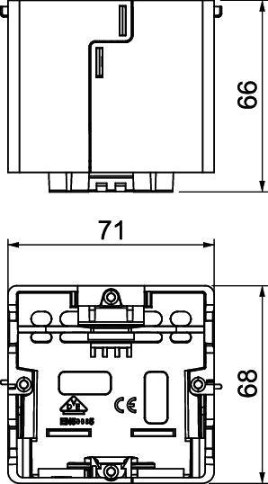 Disegno tecnico di un interruttore elettrico quadrato con le seguenti dimensioni: larghezza 71 mm, altezza 68 mm. Marchio CE visibile.