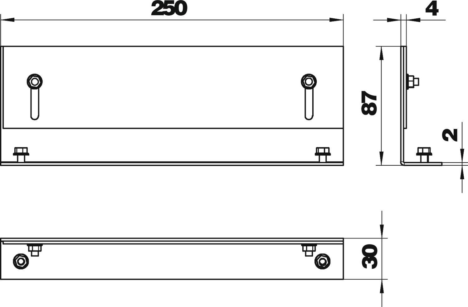 Disegno tecnico di un componente metallico rettangolare. Dimensioni: 250 mm x 87 mm x 4 mm. Fori per viti e elementi di fissaggio visibili.