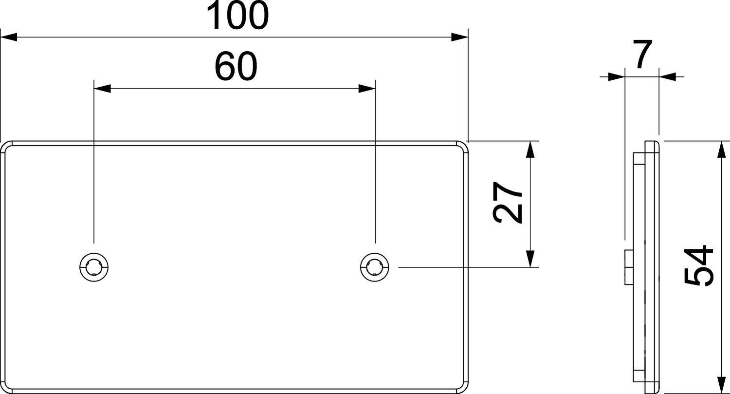 Disegno tecnico di una piastra rettangolare con dimensioni: 100x60x27 mm e larghezza di 54 mm compresa di 7 mm di sporgenza. Due fori passanti.
