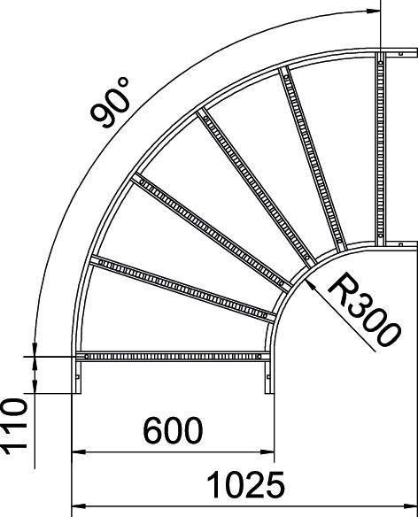 Disegno architettonico di una curva di scale con un angolo di 90 gradi, distanza radiale di 300 mm e profondità totale di 1025 mm.
