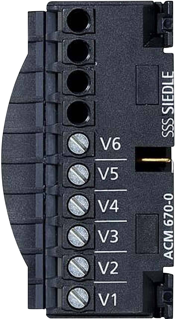 Un componente nero con etichette da 'V1' a 'V6' e 'SSS SIEDLE ACM 670-0'. A sinistra sono visibili sei aperture verticali.