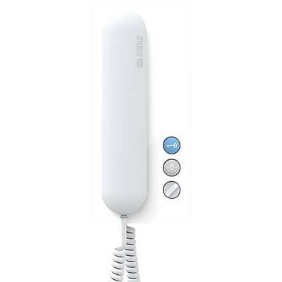 Un telefono bianco con un filo. Accanto ci sono tre interruttori: uno con un simbolo blu e due con simboli grigi.