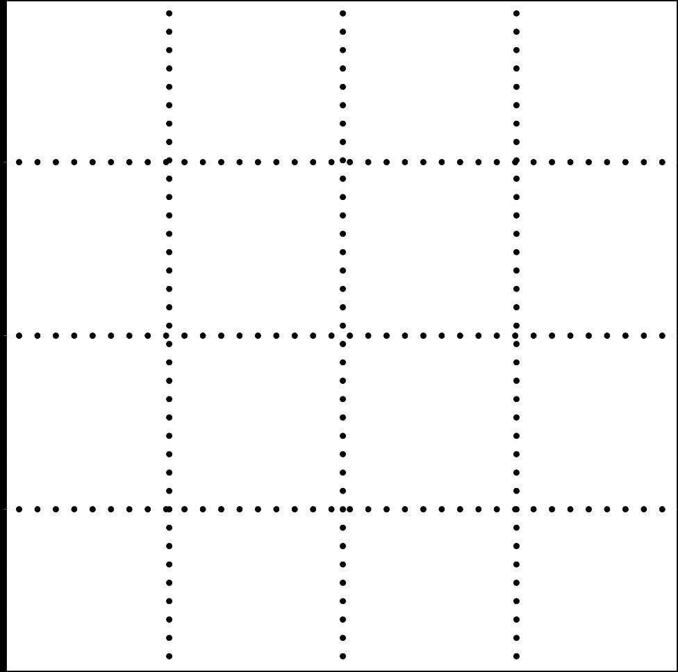 16 punti neri su sfondo bianco in un pattern a griglia.